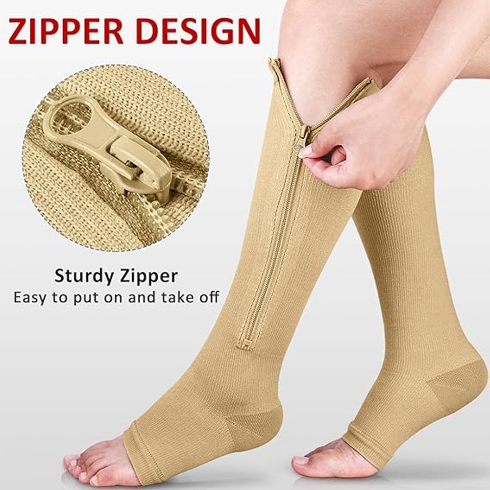 3 Pair Compression Socks Zippered Open Toe 30-40mmHg with Zipper Safe Protection