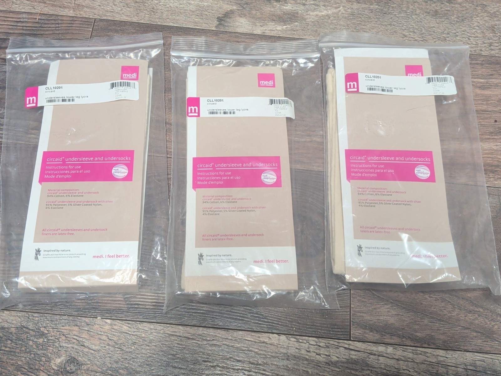 Lot of 3 Medi Circaid Undersock Undersleeve Lower Leg Lycra CLL10201 Open Ended