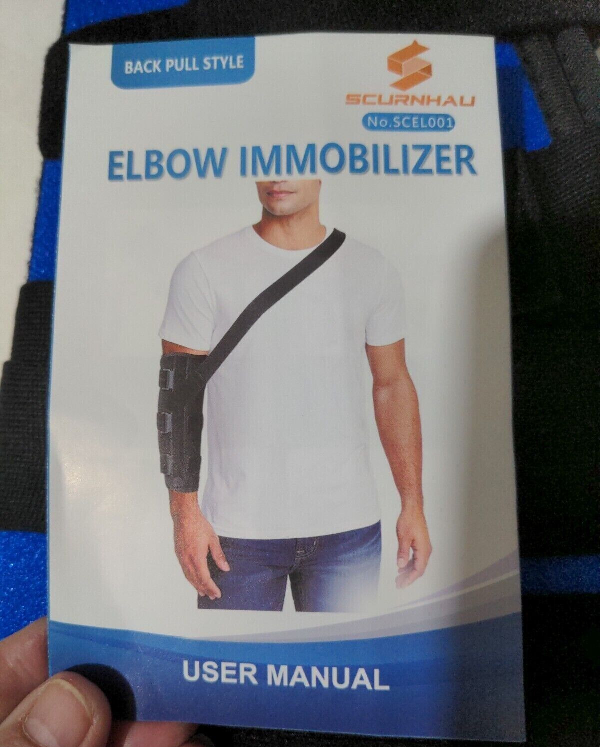 Elbow Immobilizer Back Pull Style Black Blue Cushioned New in Bag