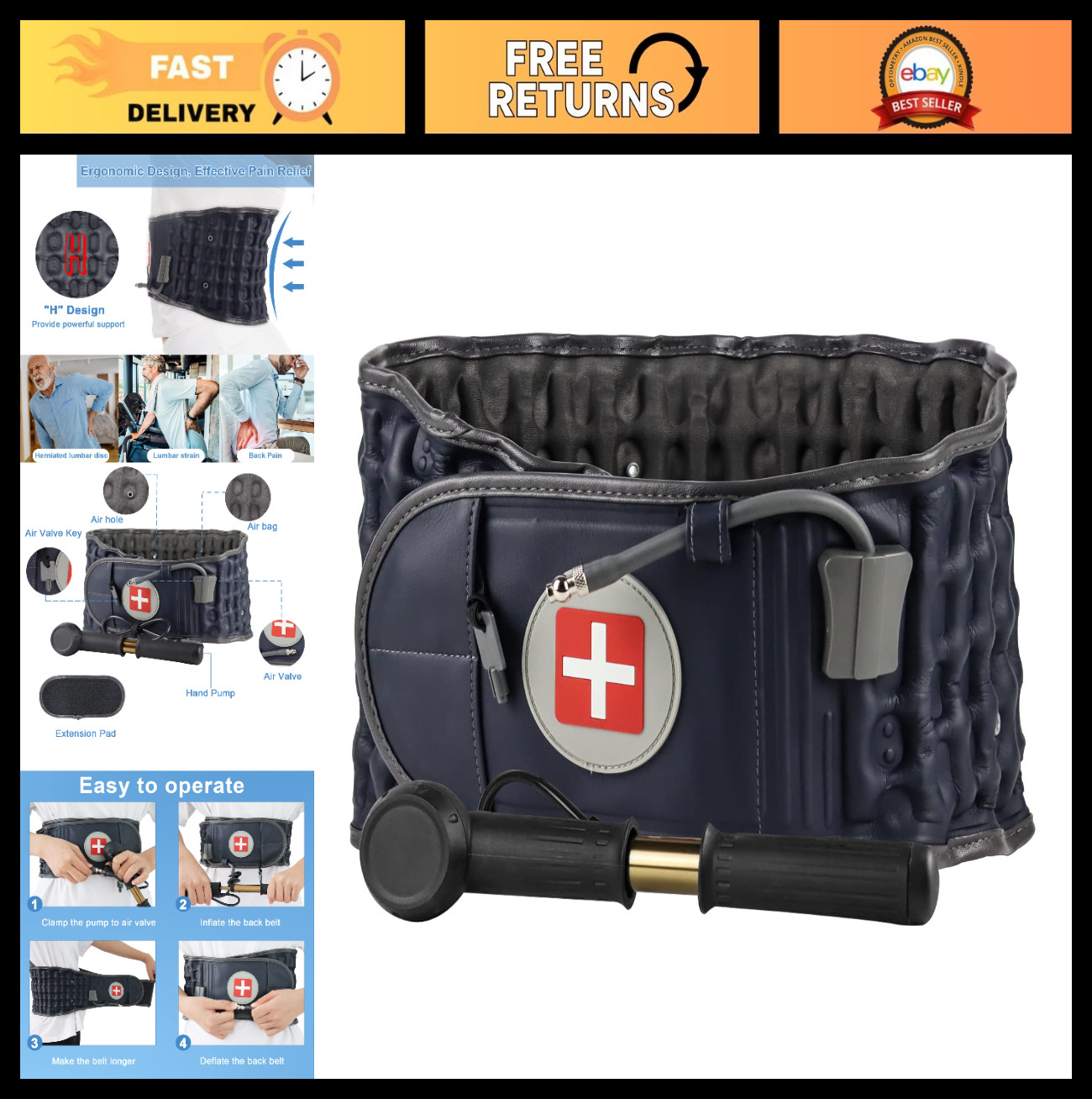Inflatable Lumbar Support Back Pain Relief Belt – Spinal Traction Device, 29-49″