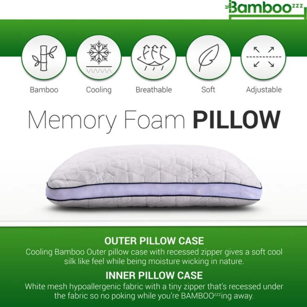 Bamboo Memory Foam Pillow CertiPUR-US Adjustable Cooling Hypoallergenic Washable