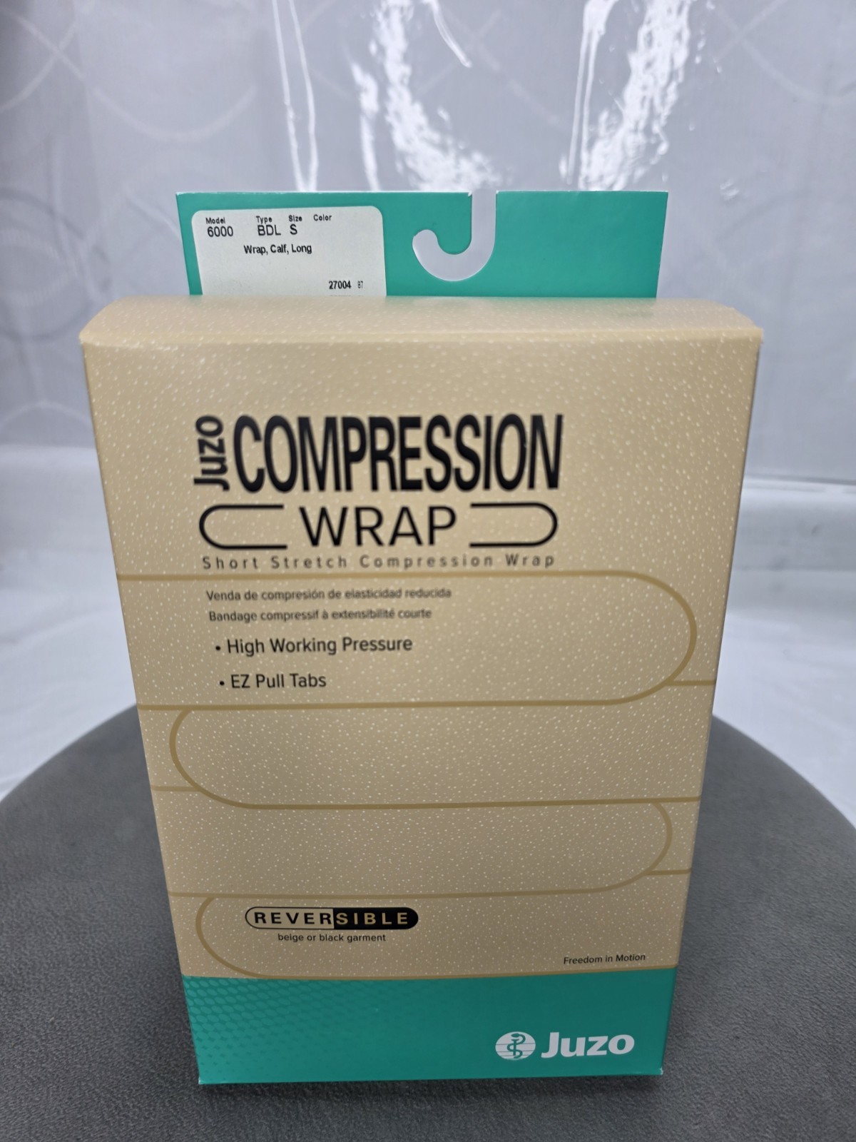 Juzo Reversible Short Stretch Compression Wrap, Long Resting Sz Small BLK- Beige