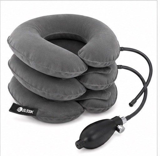 Adjustable Inflatable Neck Support Pillow Travel Home Office Comfort Gray