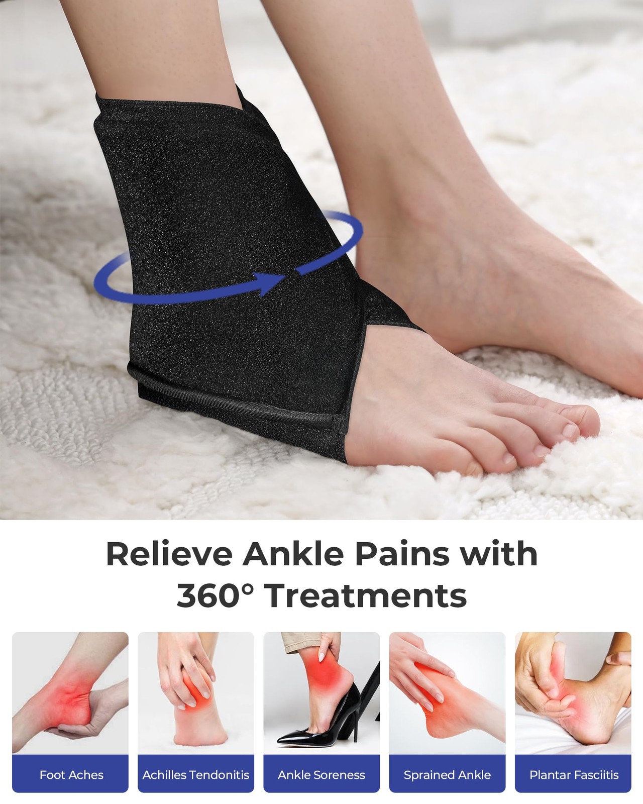 Koonie Ankle Ice Pack Wrap for Swelling, Plantar Fasciitis, Planters Black