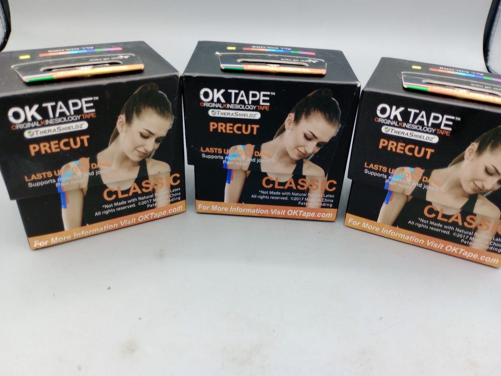 Lot of 3 – OK Kinesiology Tape 10 inches Precut, 20 Strips, Cotton Elastic Black