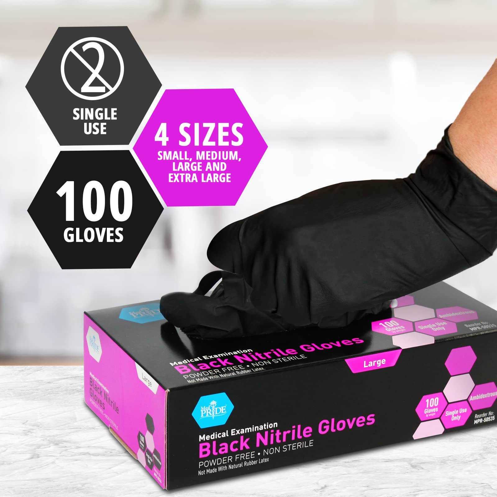 MED PRIDE Strongest Nitrile Medical Exam Gloves, 4 Large (Pack of 100), Black