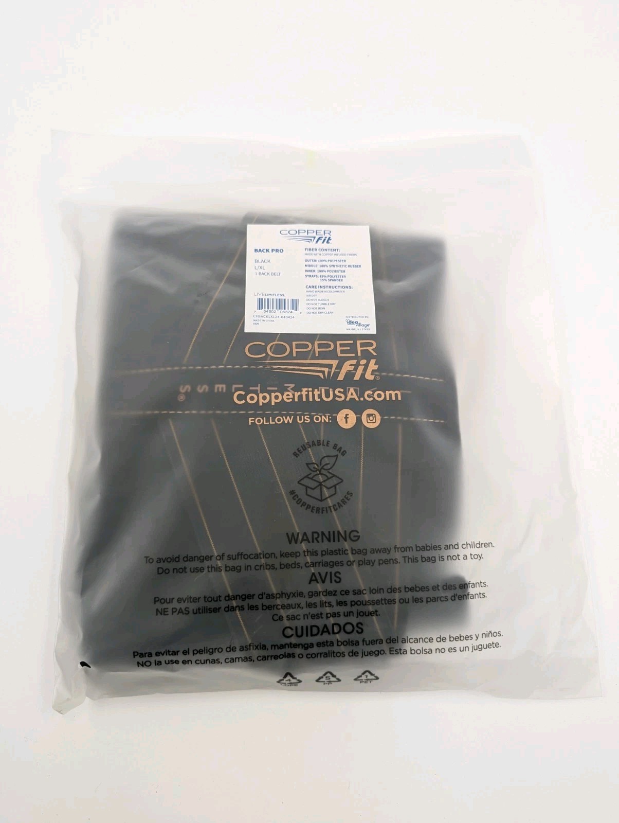 Copper Fit Adult Size Large/XL Back Pro Support Belt Compression Black