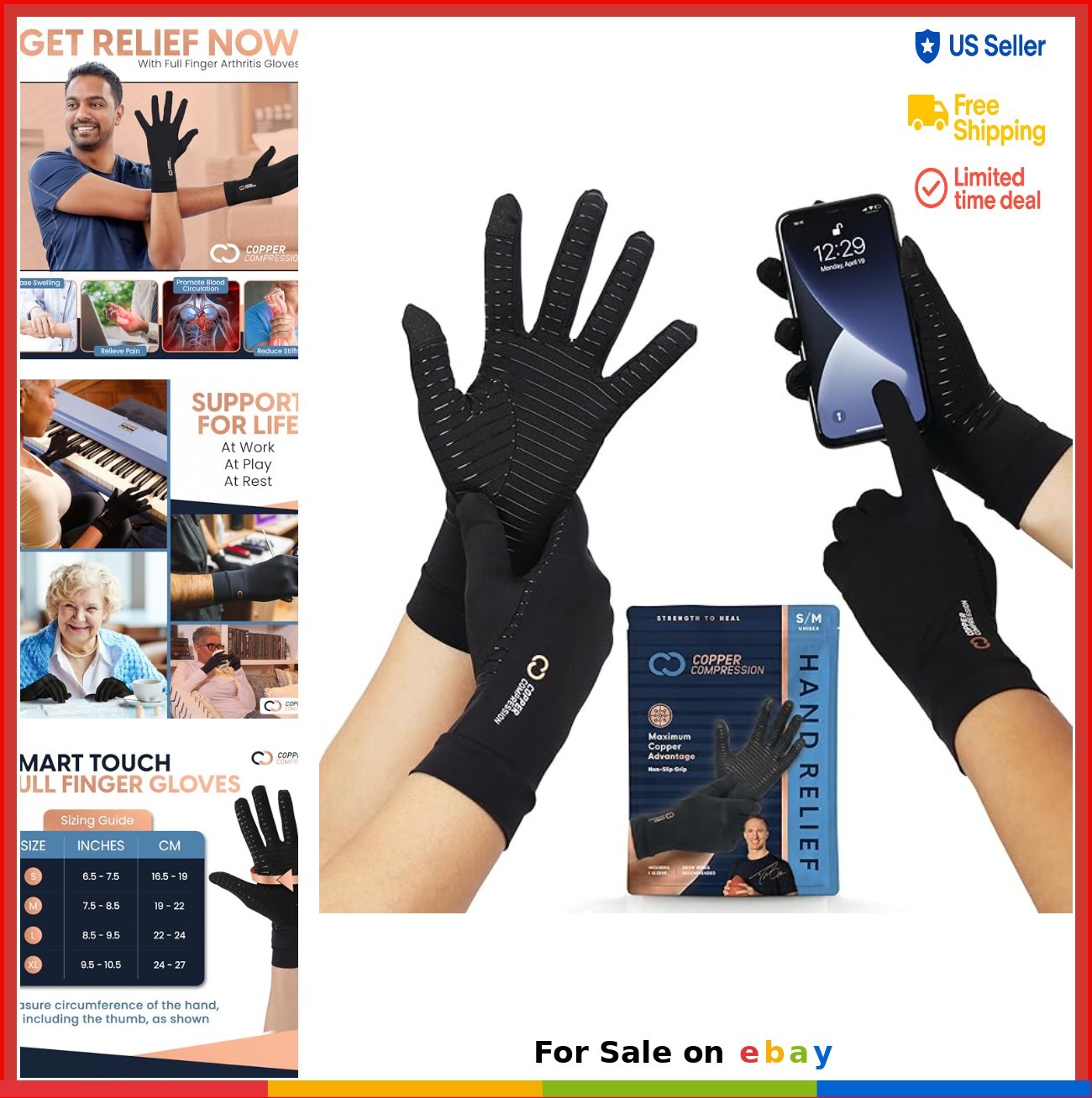 Arthritis Gloves Full Finger Copper Infused Compression Support Pain Relief