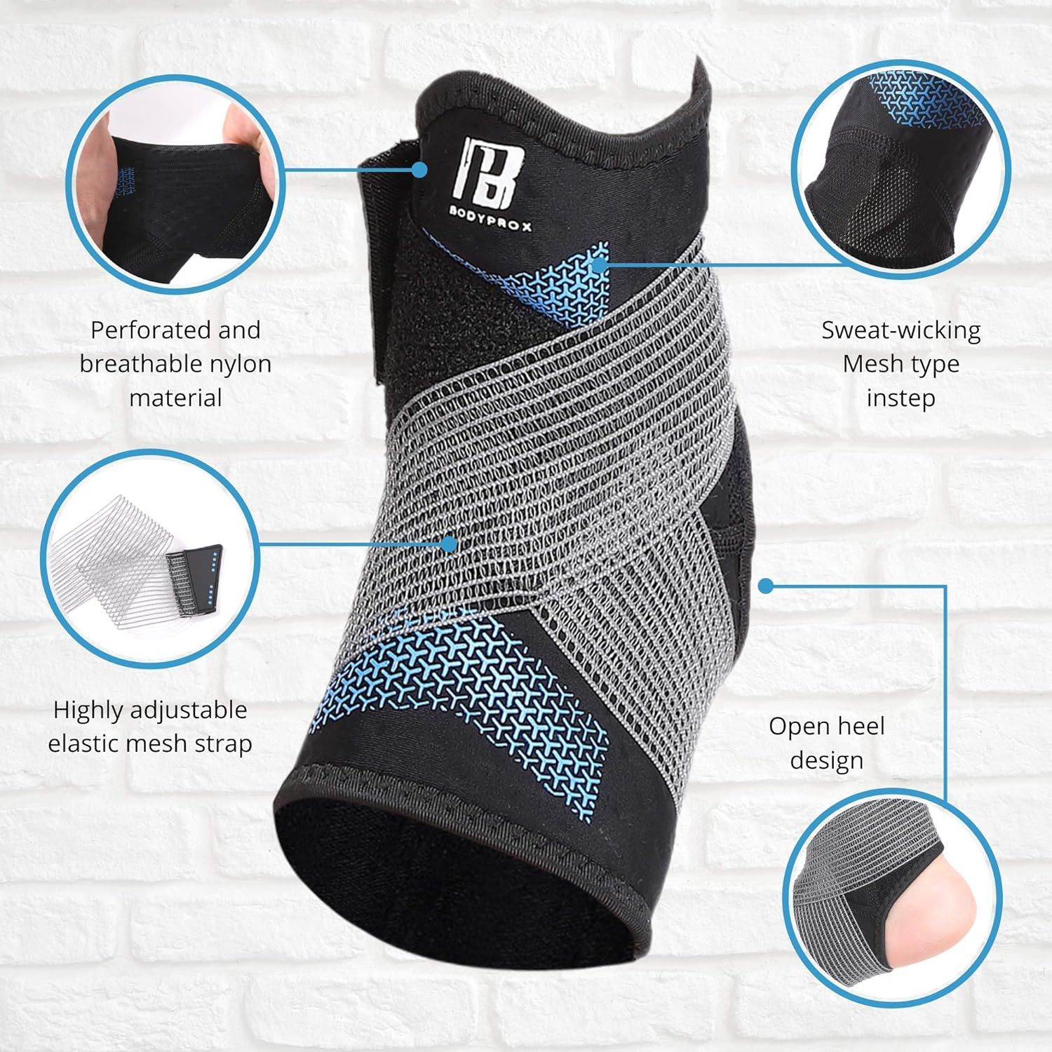 Ankle Compression Sleeve with Adjustable Strap, Mesh Open-Heel Support All Sizes