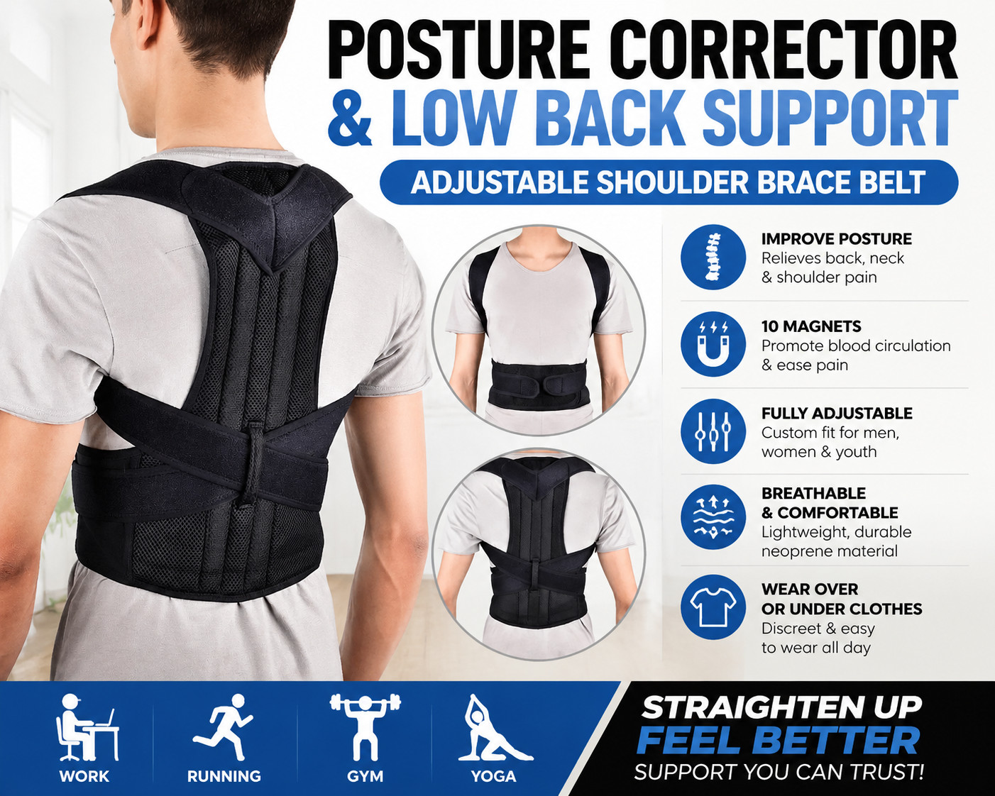 Adjustable Posture Corrector Low Back Support Shoulder Brace Belt for Men Women