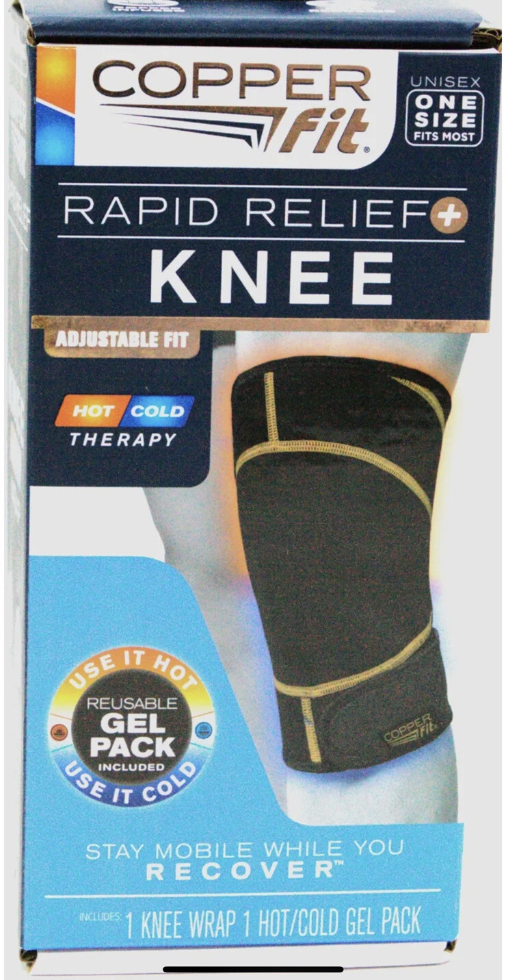 Copper Fit Rapid Relief Knee Wrap w/Hold Cold Therapy Gel Pack, Black, Adjus…