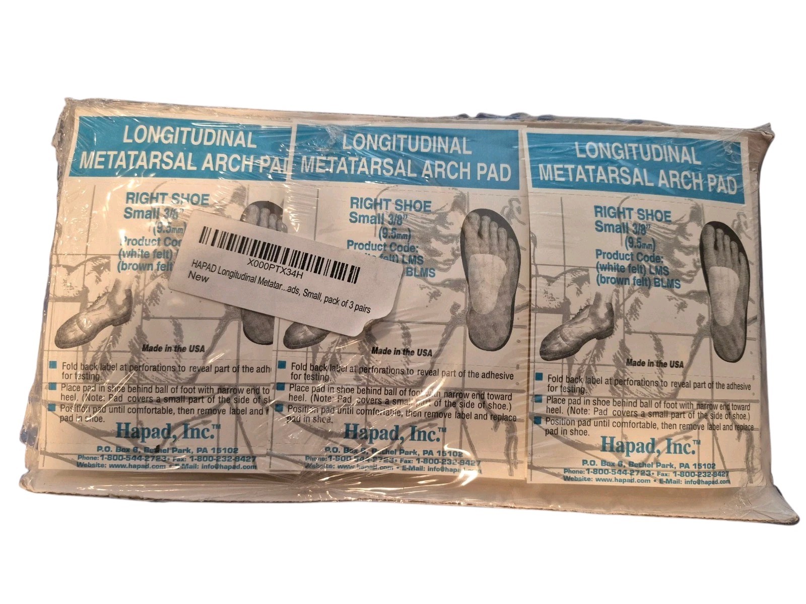 3 Pairs Hapad Longitudinal Metatarsal Arch Pad Small 3/8″ Flat Feet $35 Retail