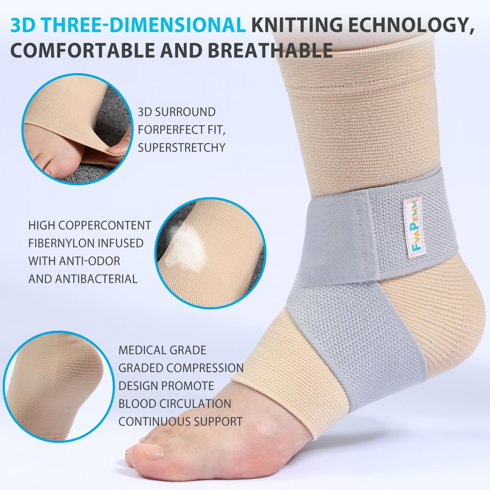 Medium, Ankle Brace with Adjustable Strap, Nude, Copper Infused for Women Men