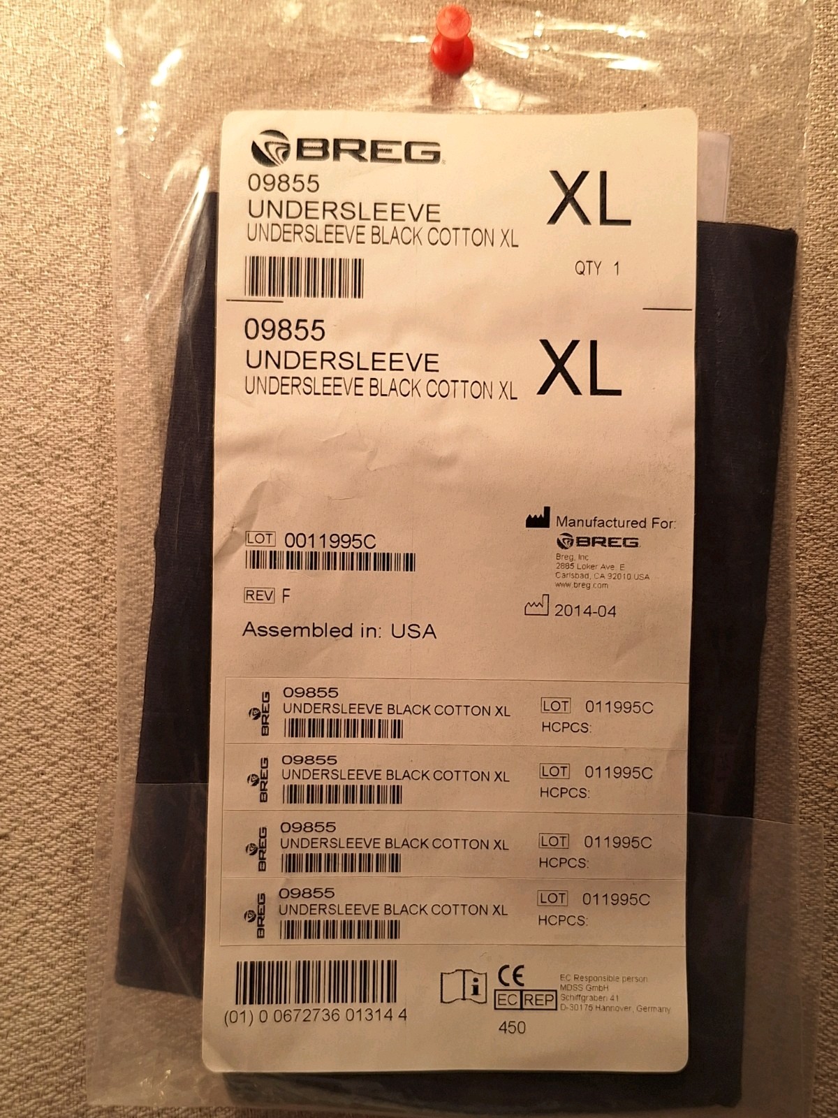 BREG (#09855) UNDERSLEEVE, For Men or Women. Cotton. NEW. XL (Black)