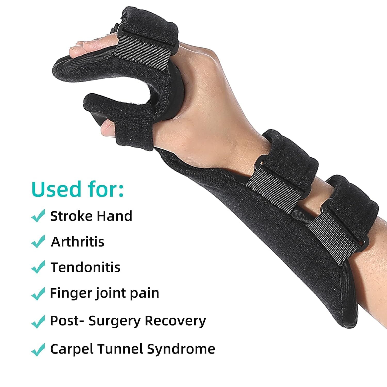 Stroke hand splint for night use, stabilizes fingers/wrist, aids rehab and pain.