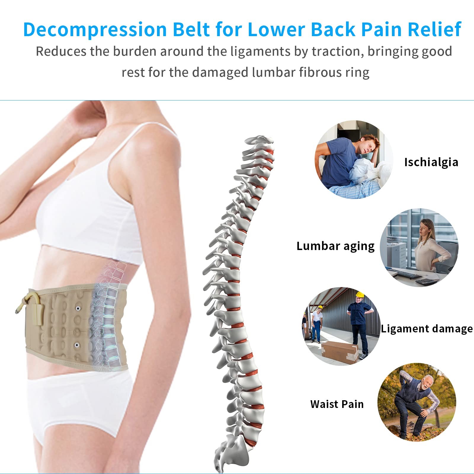 6xigouma Decompression Back Belt Inflatable Back Brace Beige