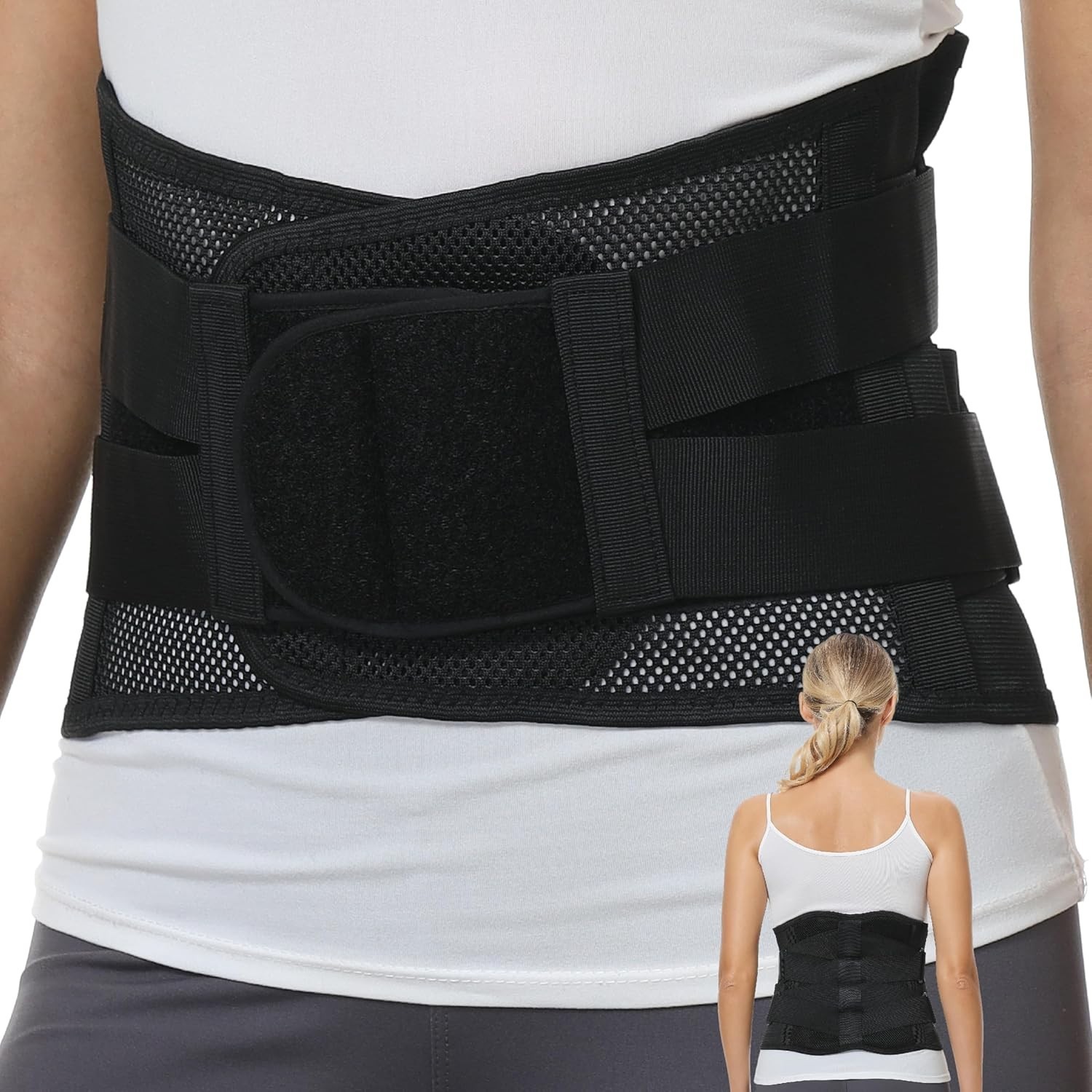 Unisex Adjustable Lumbar Brace – Black Back Support Belt for Pain Relief, Size L