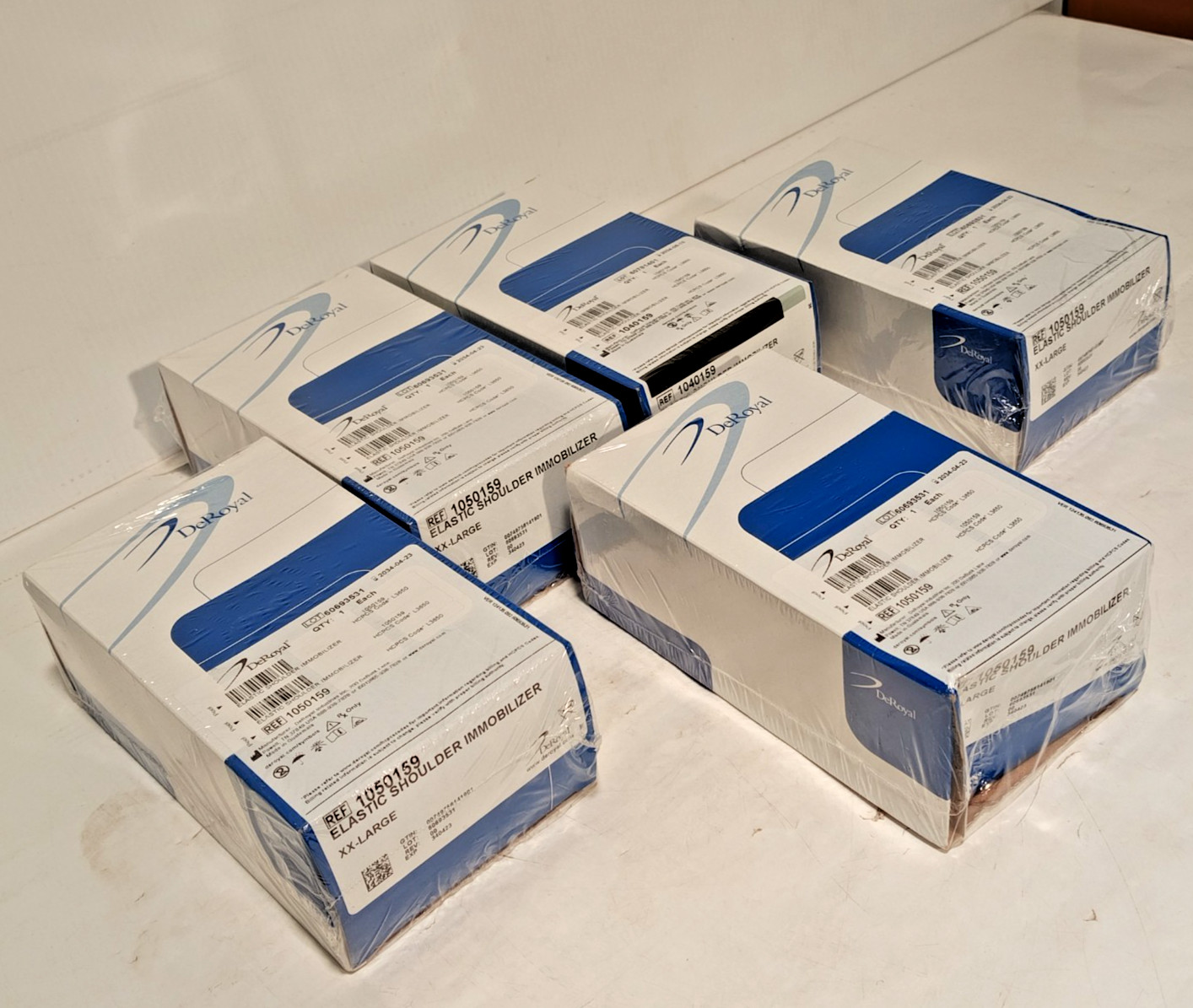 Lot of 5: DeRoyal assorted 1050159 XL/XXL elastic shoulder immobilizers, Exp3034