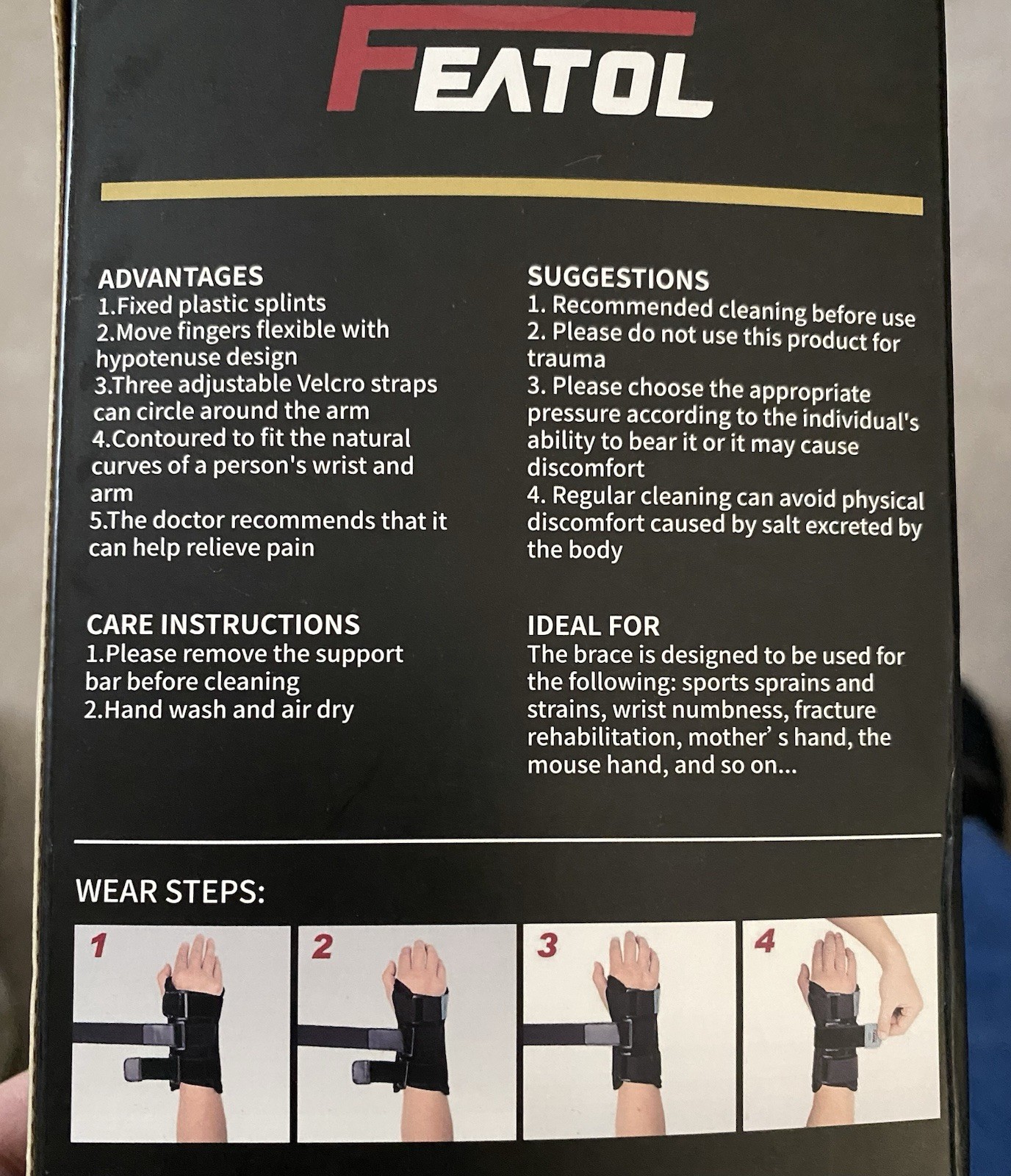 NEW Unisex Black Carpal Tunnel Sprain Wrist Brace sz S/M for Right Hand FEATOL