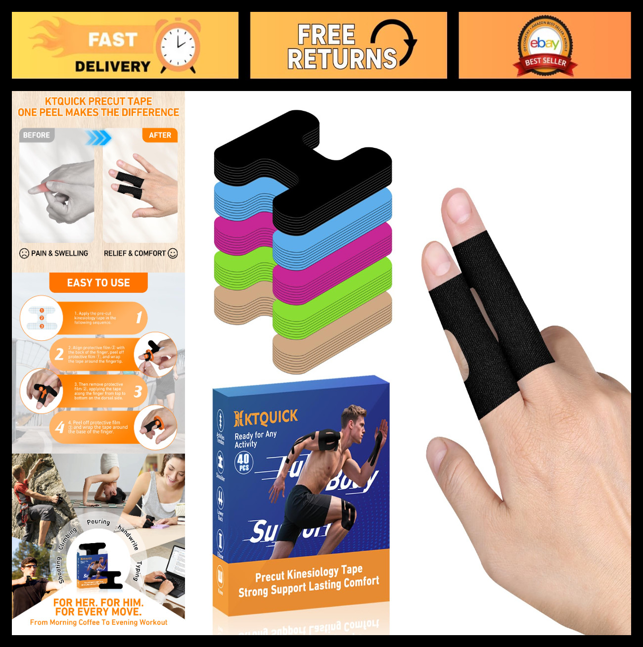 Precut Finger Kinesiology Tape 40 PCS – Strong Adhesive, Breathable Sports Suppo