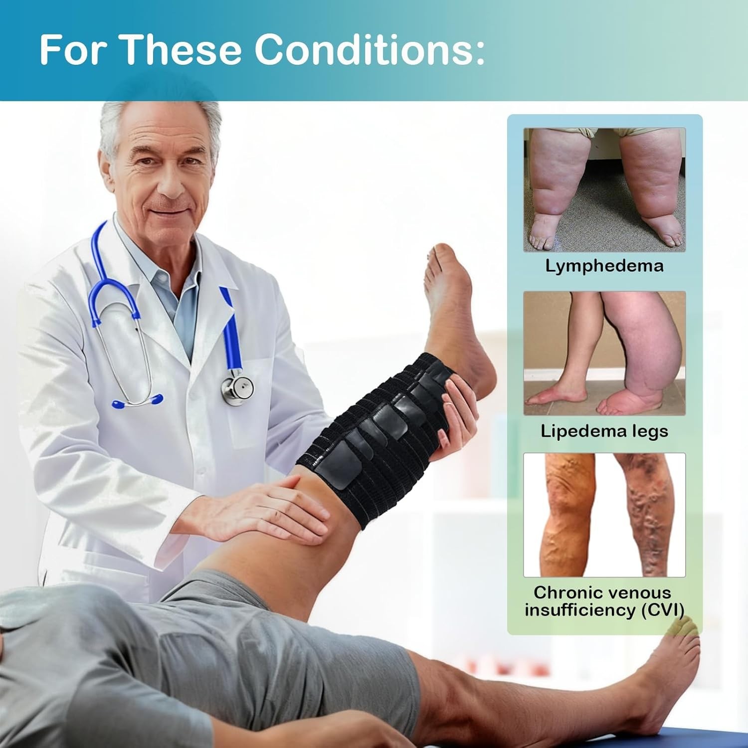 Femovaz Adjustable Calf Compression Wrap Lymphedema Edema Support Black Medium