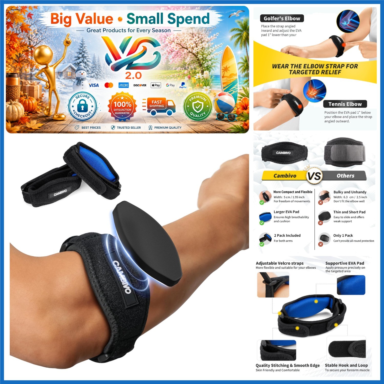 2 Pack Tennis Elbow Brace Support Tendonitis Relief Black Unisex