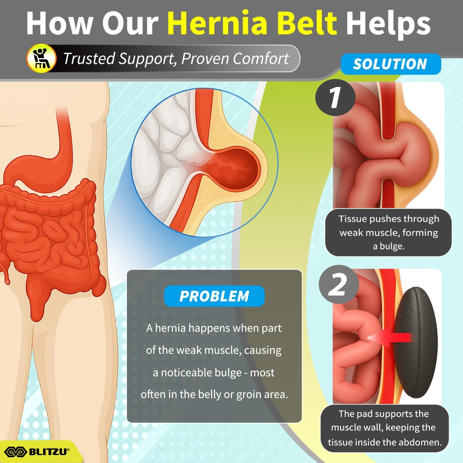 Adjustable Umbilical Hernia Belt for Men & Women, Abdominal Support Truss with 2