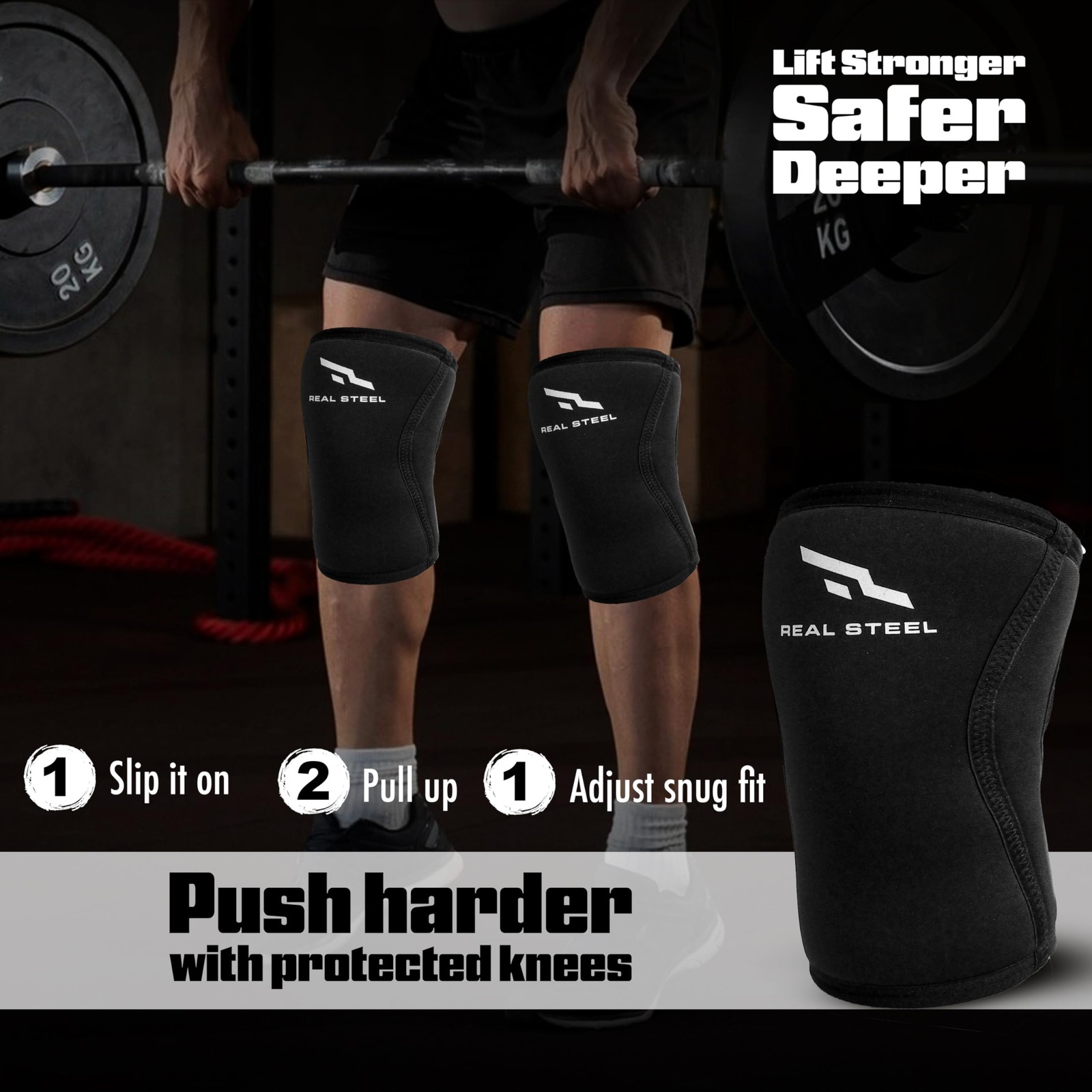 Real Steel Knee Sleeves (1 Pair) With Gym Bag – 7mm Large, Black
