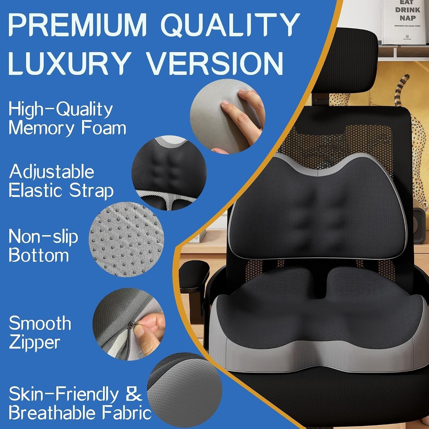 Ergonomic Memory Foam Seat Cushion & Lumbar Support for Sciatica & Back Pain