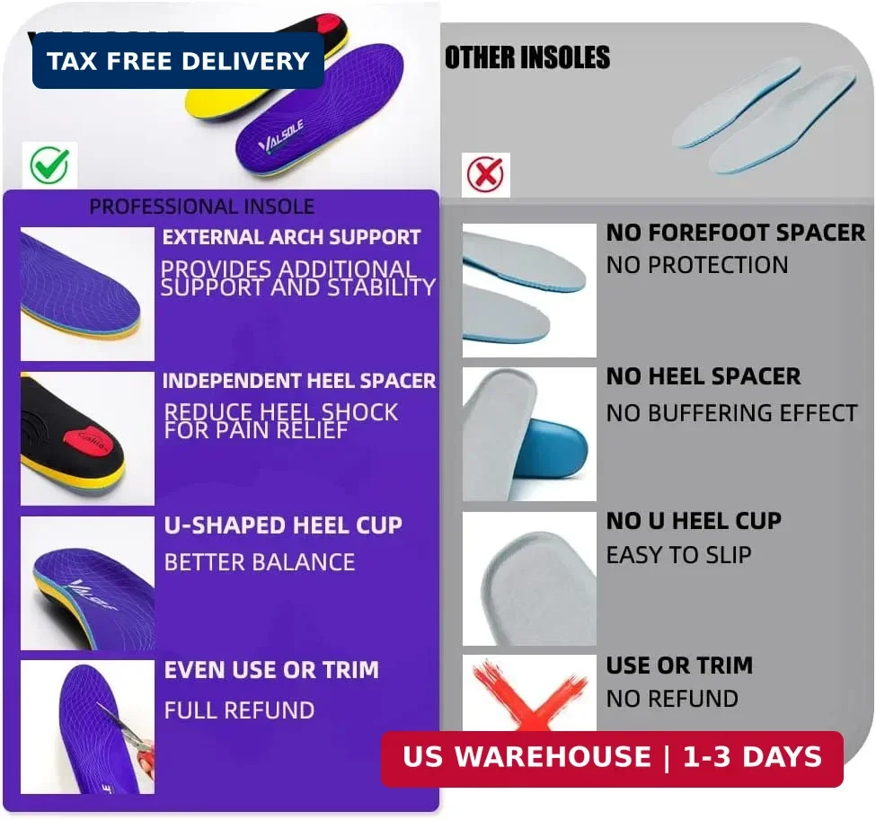 VALSOLE Heavy Duty Support Pain Relief Orthotics – 220+ lbs Plantar Fasciitis Hi