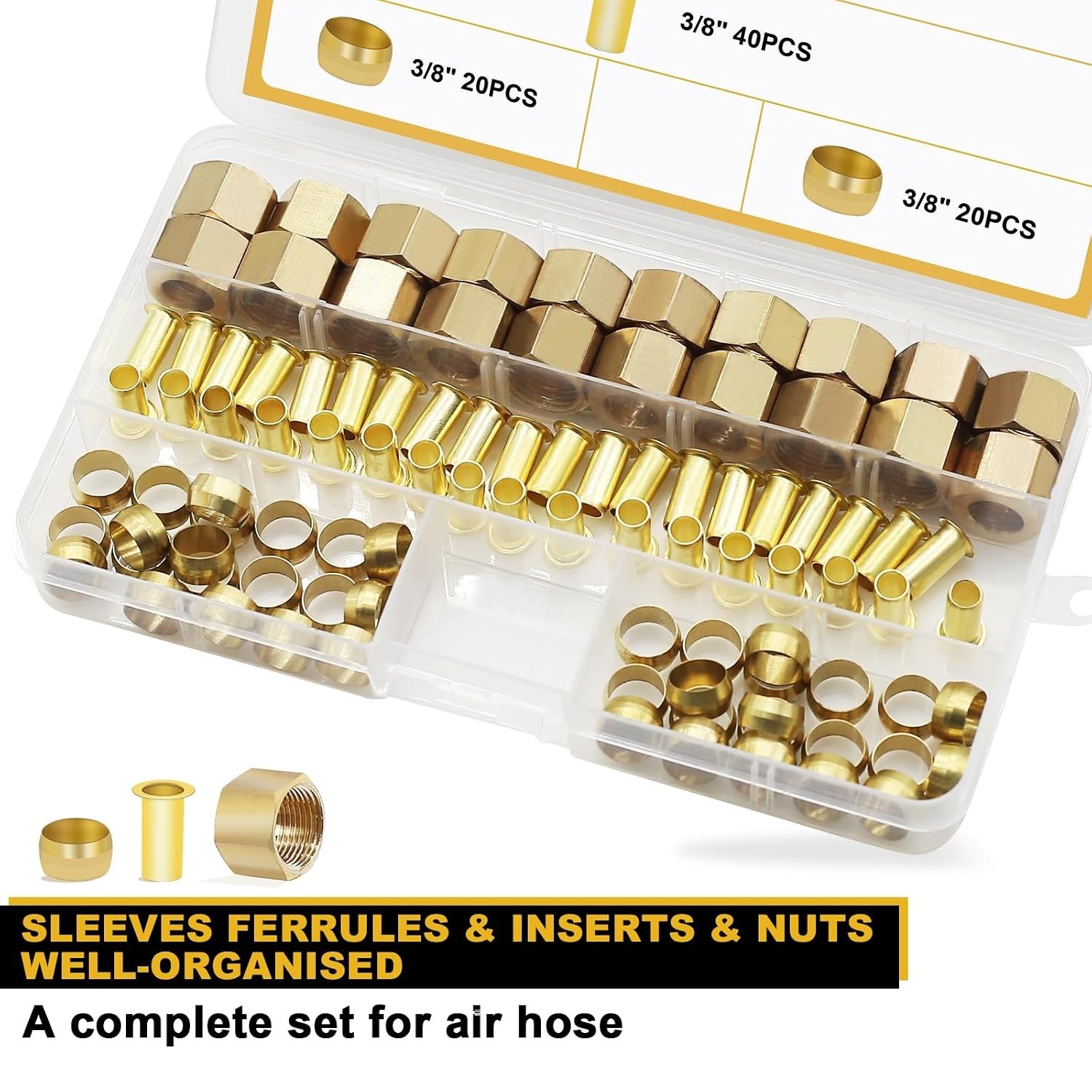 Complete 100PC Brass Compression Fitting Set: Ferrules, Inserts & Nuts Included