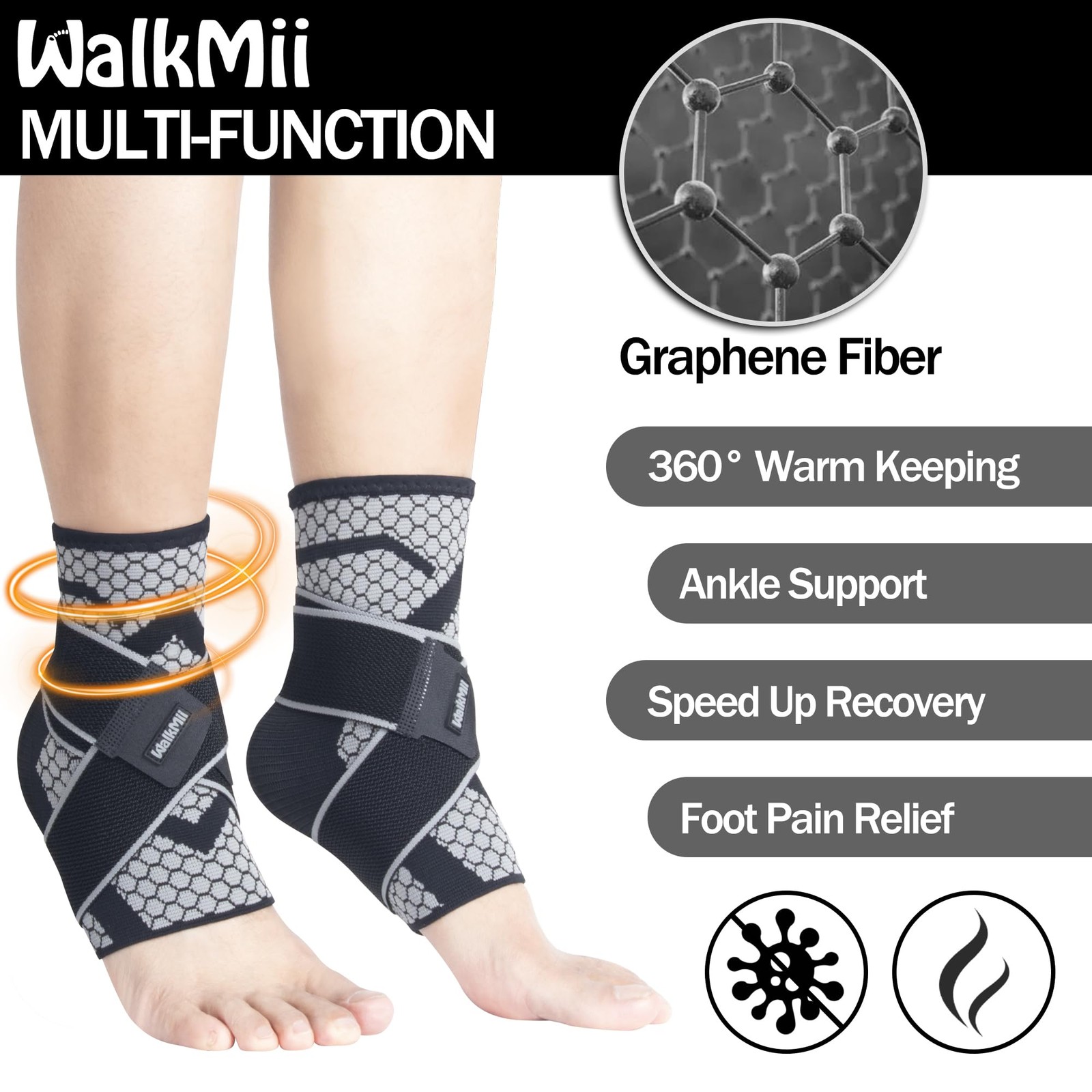WalkMii Ankle Compression Sleeves (1 Pair)-Ankle Brace for Large, Black