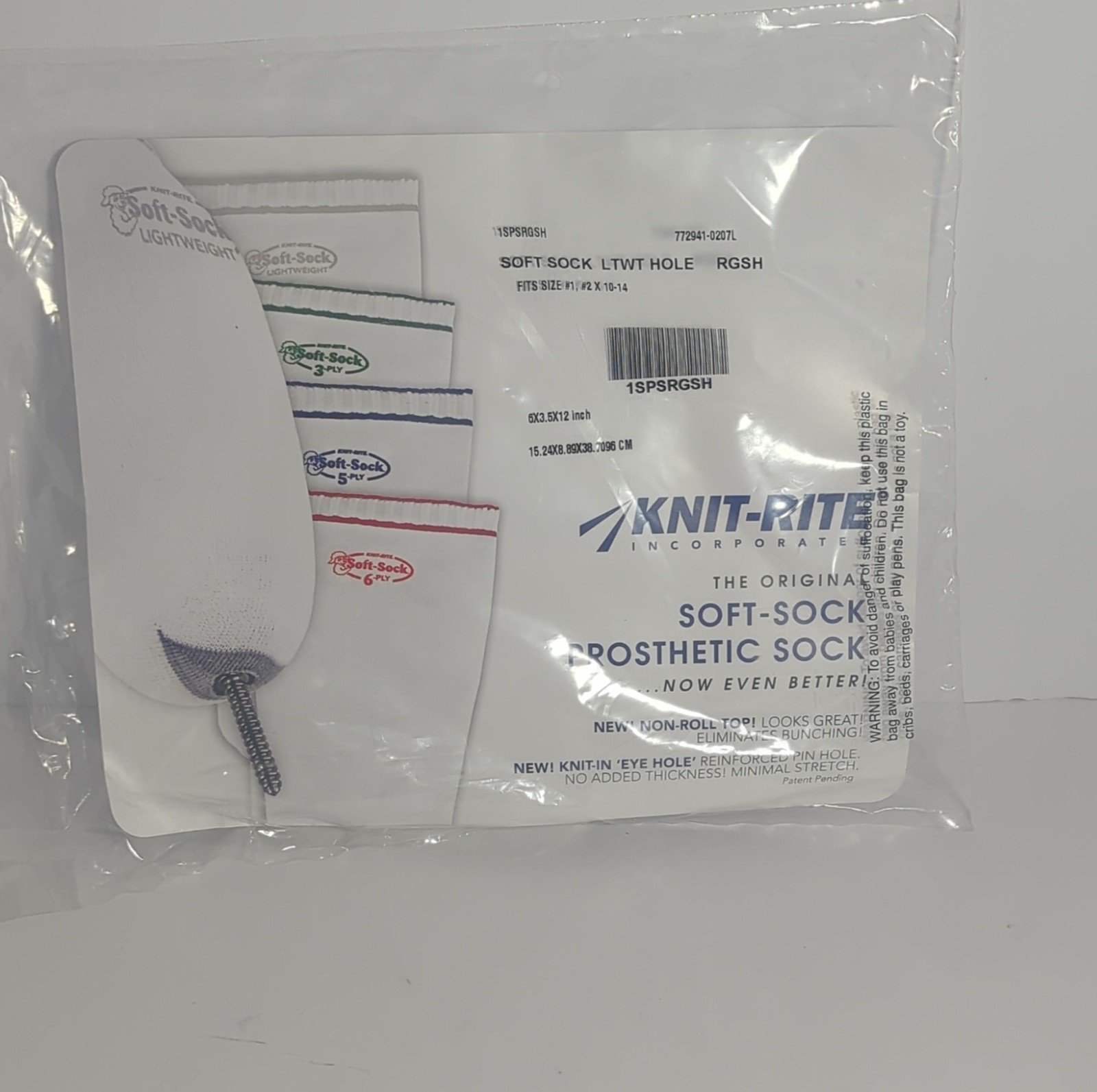 Knit-Rite Soft-Sock LTWT Hole RGSH Prosthetic Sock CoolMax White Fits Size #1 #2