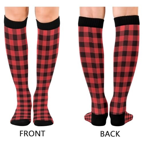 JUNZAN Buffalo Plaid Red Black Knee High Socks Compression Socks for Women Men
