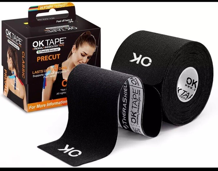 OK TAPE Kinesiology Tape 10 inches Precut, 20 Strips, Cotton Elastic Black KT