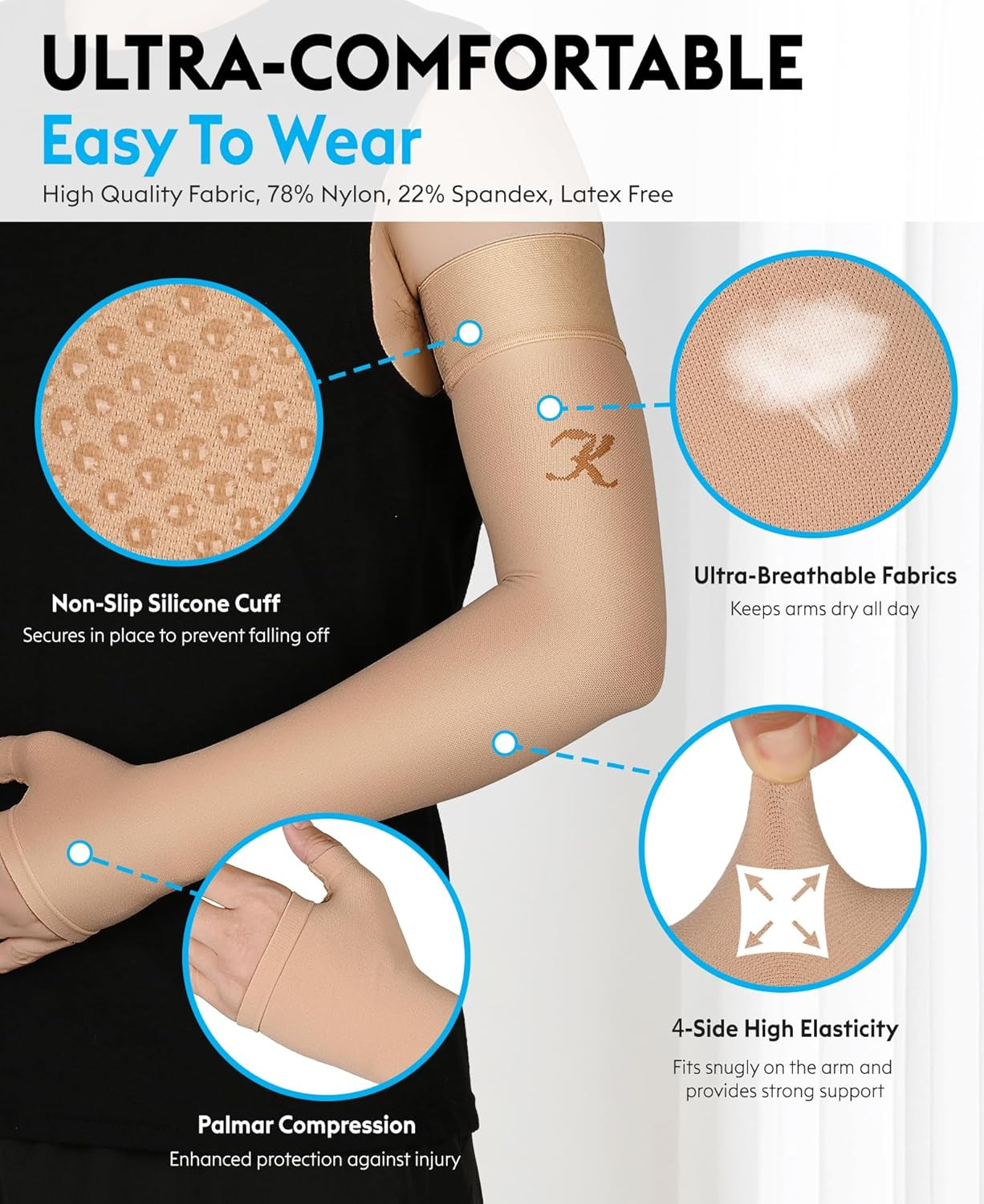 Compression Arm Sleeve with Gauntlet, 20-30 mmHg, Full Arm Support