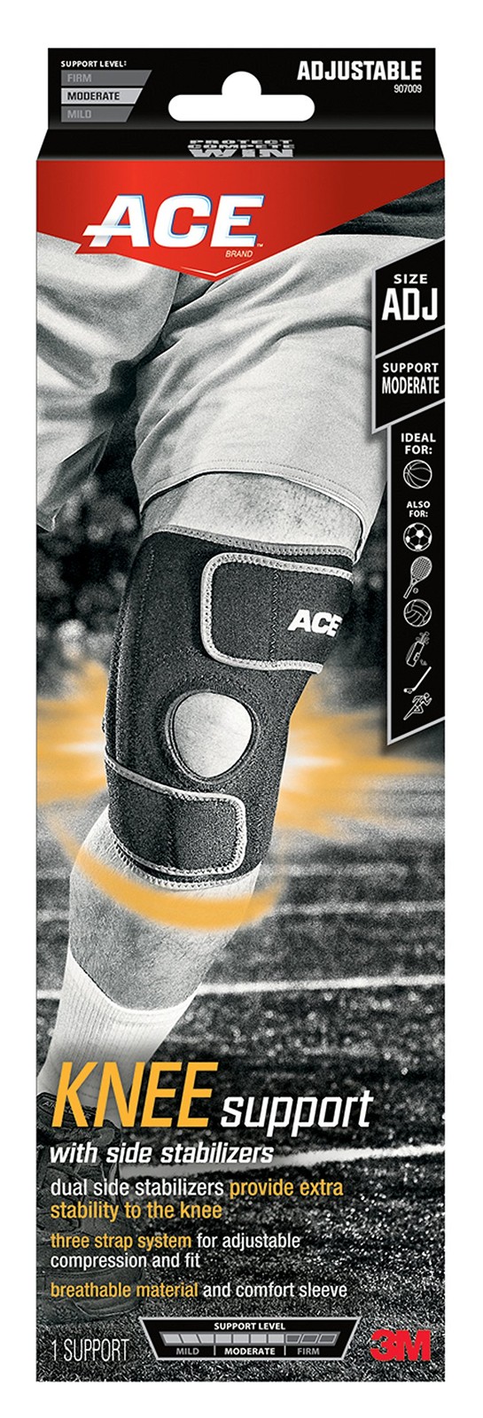 ACE BRAND KNEE SUPPORT WITH SIDE STABILIZERS ADJUSTABLE BLACK/GRAY – 907009