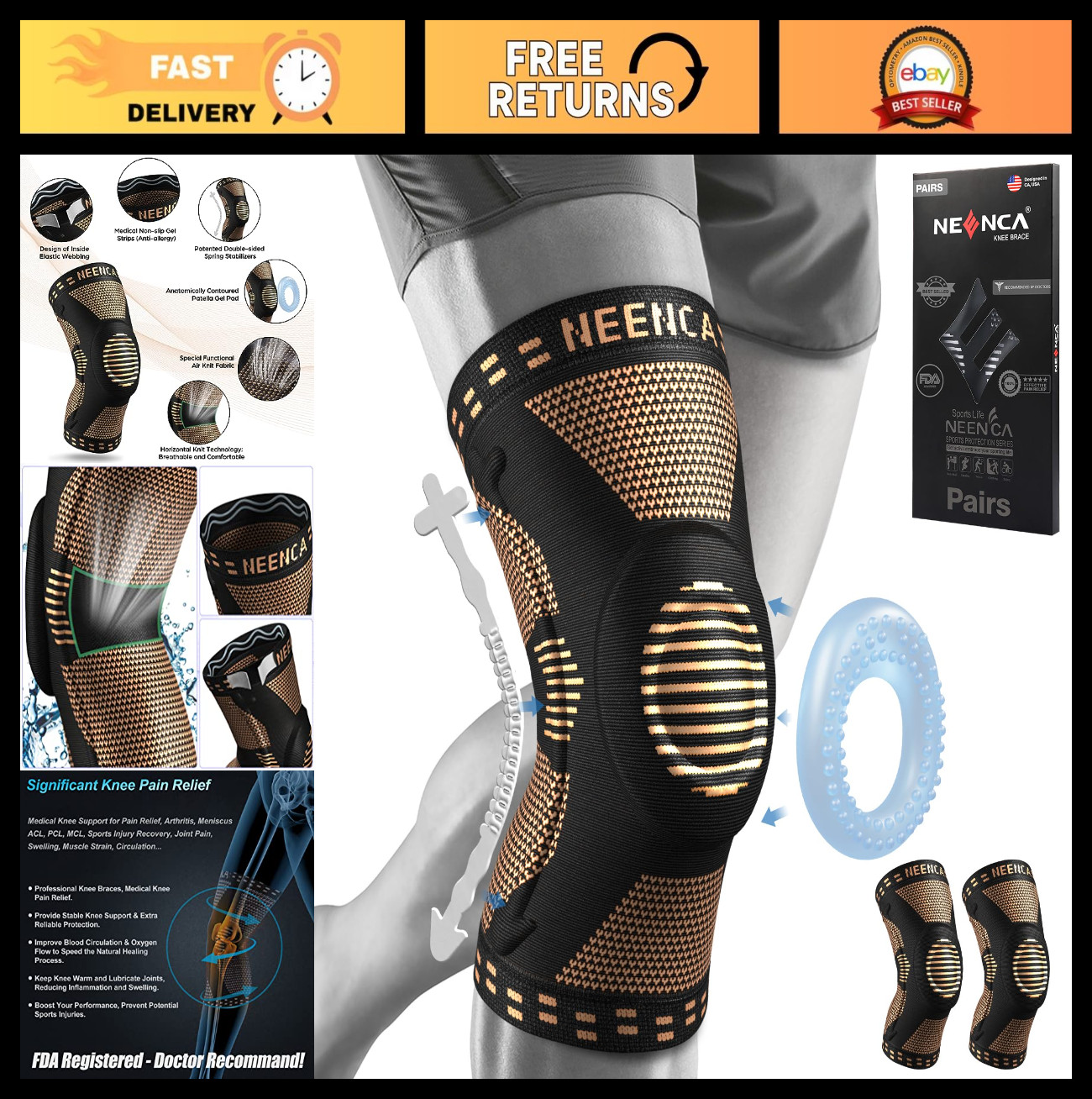 2 Pack Knee Braces for Pain Relief, Compression Sleeves with Gel Pad & Stabilize