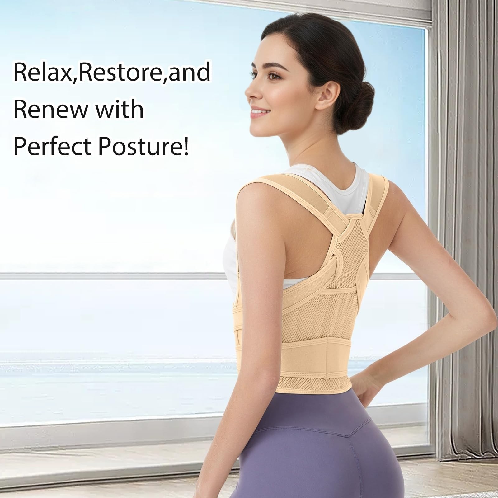 HUENIMY Posture Corrector Full Back Brace Adjustable Back Support – Beige Small