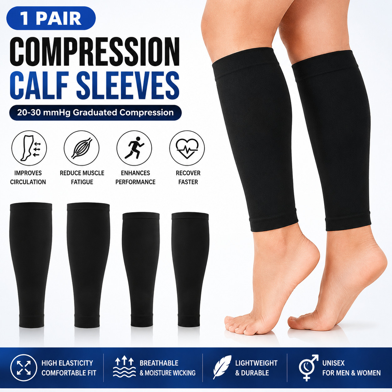 Compression Calf Sleeve 20-30mmHg Footless Socks Leg Support Black Unisex 1 Pair