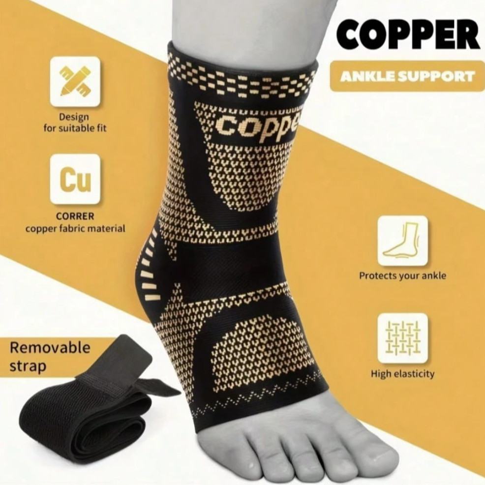 2 Pcs Copper Ankle Compression Sleeves Breathable Adjustable Sports Support Pair