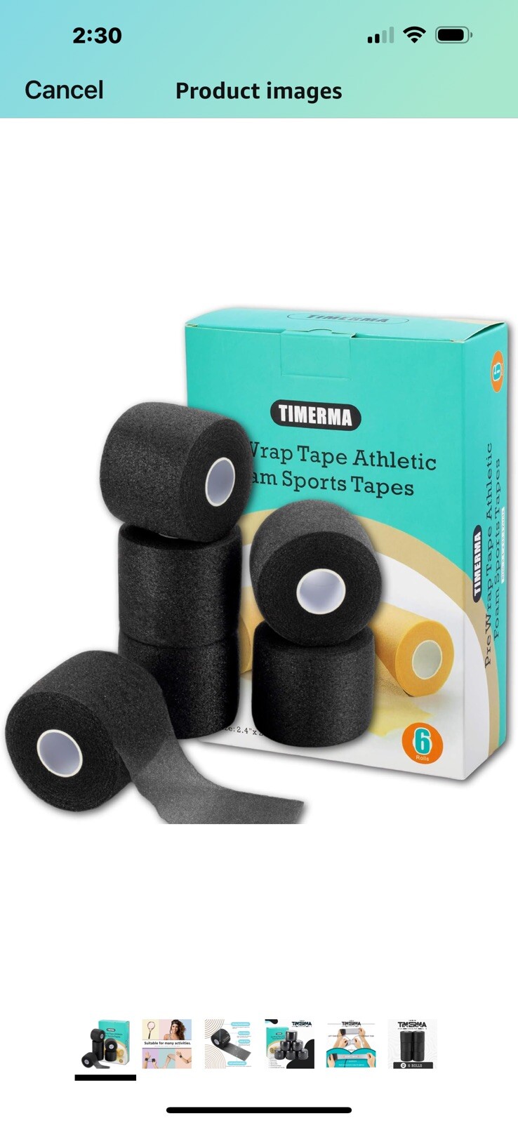 5 Pk Timerma 6 Rolls Pre Wrap Athletic, Foam sports Tape: Hair-Ankle-Wrist Black