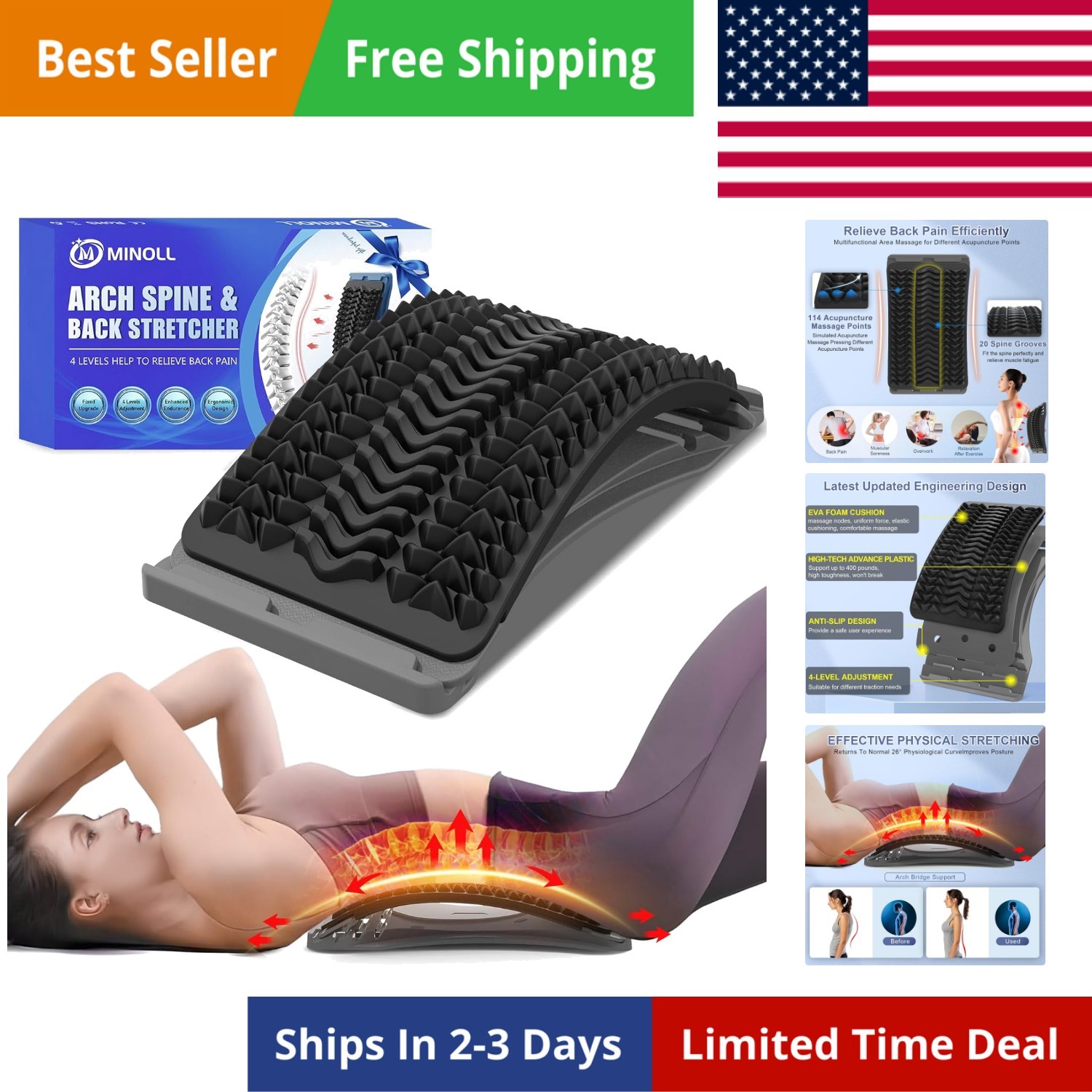 Back Stretcher for Lower Back Pain Relief, Multiple Level Adjustable Arch Lum…