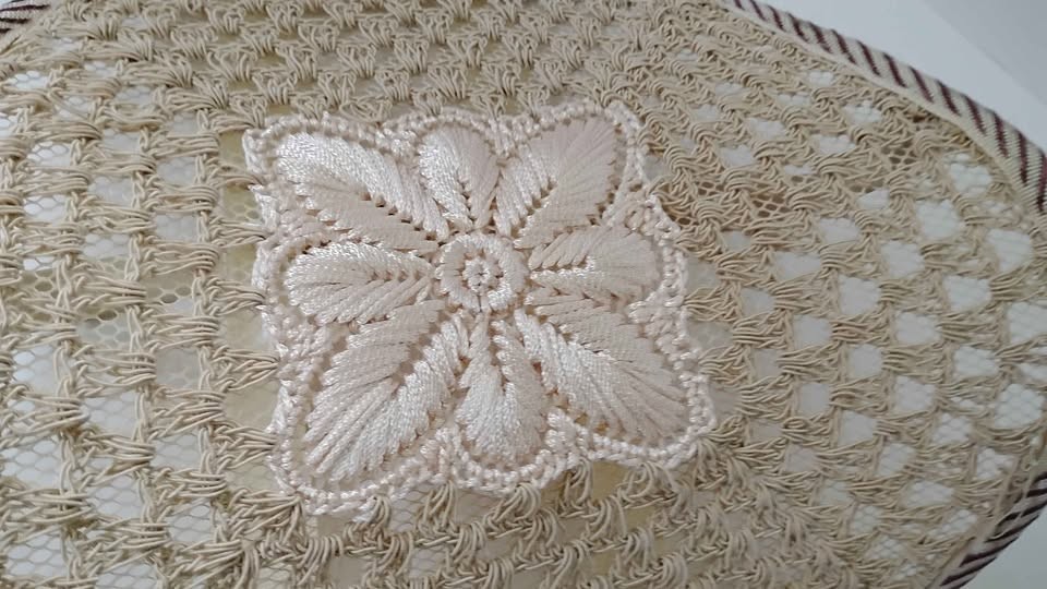 Auto Seat Back Support Cushion Beige Embroidery Stitched Floral Design Center