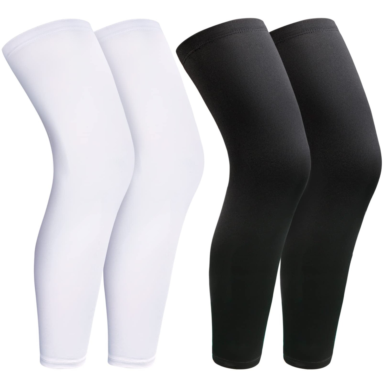 2 Pairs White Black Full Leg Compression Sleeve Long Knee Sleeve for Sports