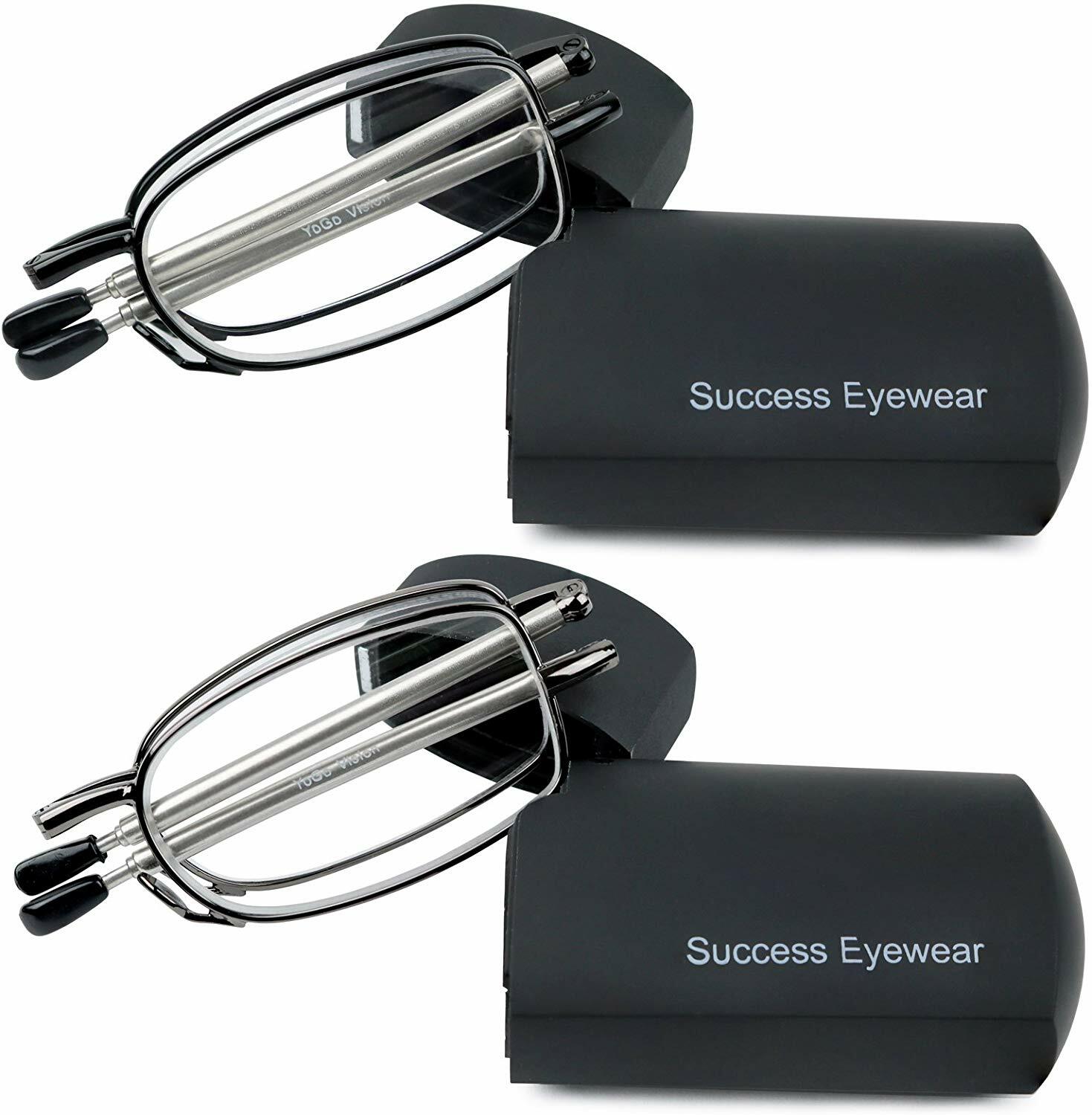 Reading Glasses 2 Pair Black and Gunmetal Readers Compact Folding Unisex Glasses