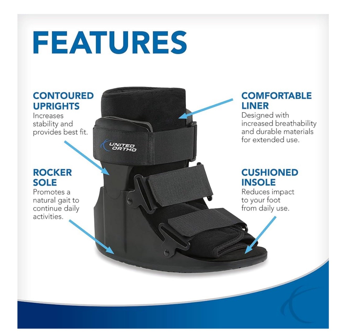 United Ortho USA14013 Short Cam Walker Fracture Boot, Small, Black