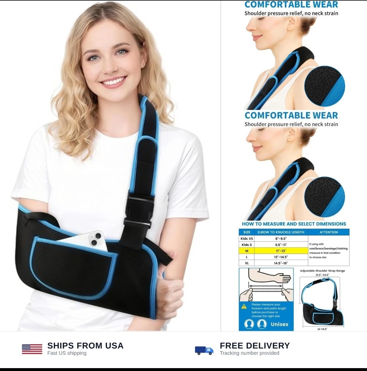 Adjustable Shoulder Arm Sling Immobilizer with Two Pocket for Rotator Medium