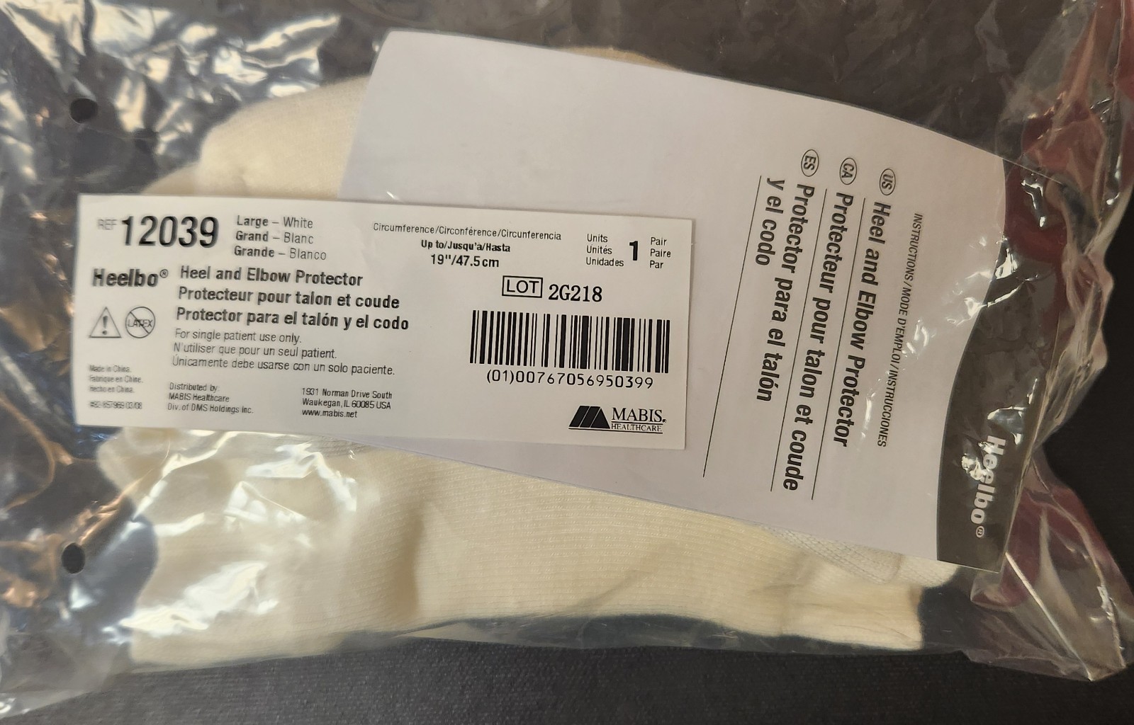 Heelbo Heel/Elbow Protection Sleeve White Large Slip-On. REF#12039