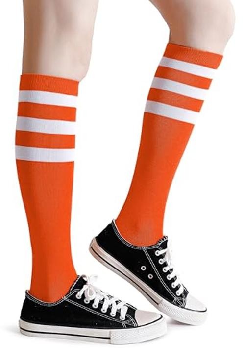 Cotton Knee High Socks Triple Stripes Over the Calf 9-13 A04-orange/White